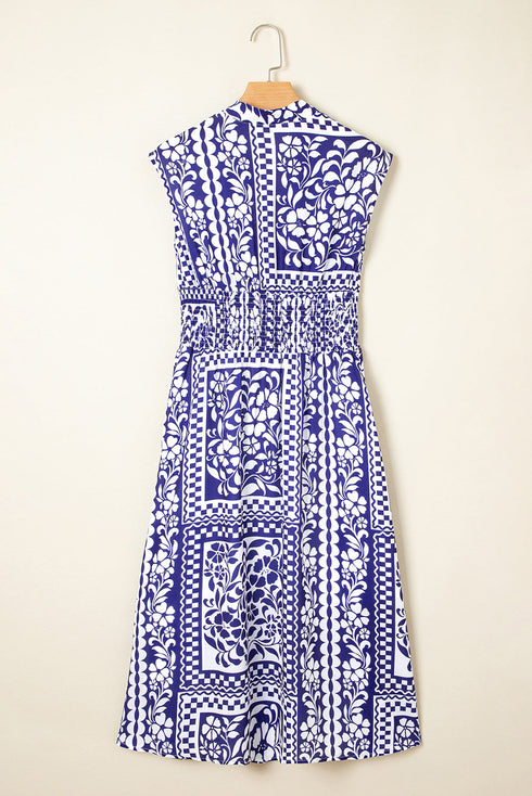 Boho Floral Shirred Waist V Neck Midi Dress